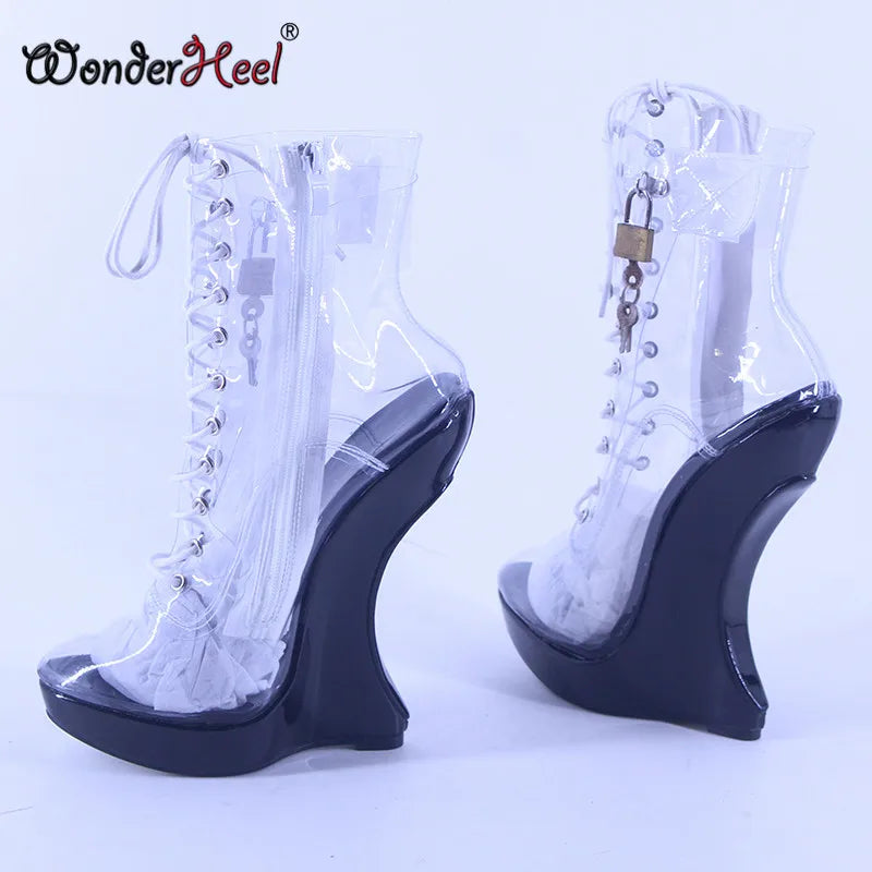 Wonderheel New Extreme High Heel 18cm with 3cm Platform Transparent Ankle boots Padlocks Nightclub Super Girl Sexy Wedges Boots