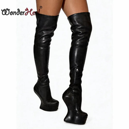 Wonderheel 14cm Wedge Heels 4cm Platform Matte Leather Half Zipper Sexy Lady Thigh High Boots Larger Size Women's Footwear