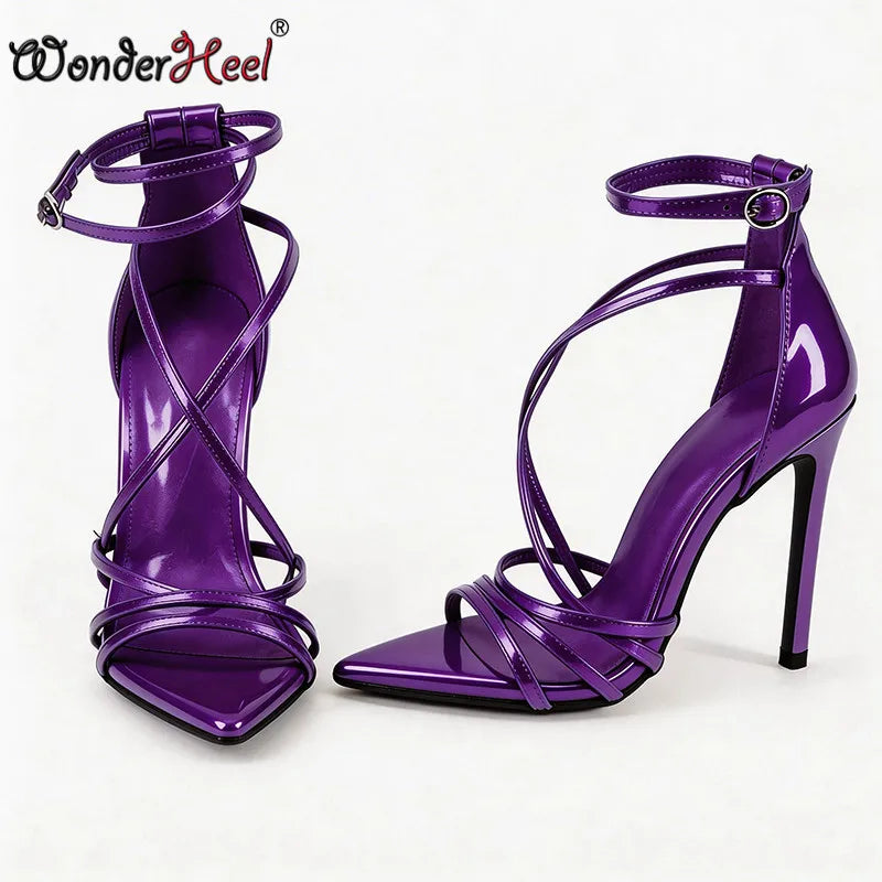 Wonderheel summer 13cm Stiletto heels Patent Leather Sexy High Heels Ankle Straps Fashion Women Sandals Big size EU46