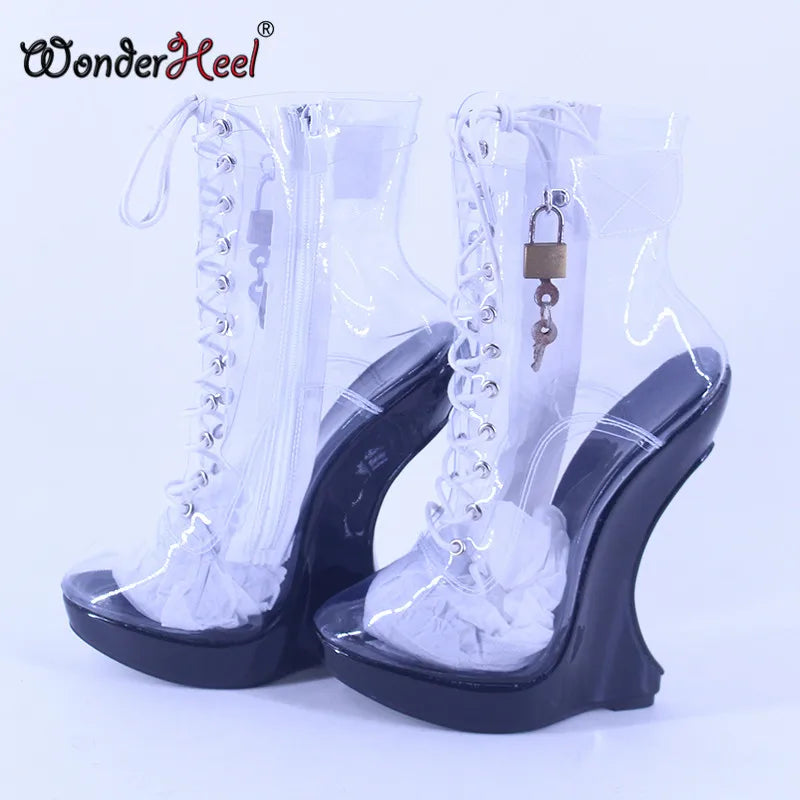 Wonderheel New Extreme High Heel 18cm with 3cm Platform Transparent Ankle boots Padlocks Nightclub Super Girl Sexy Wedges Boots