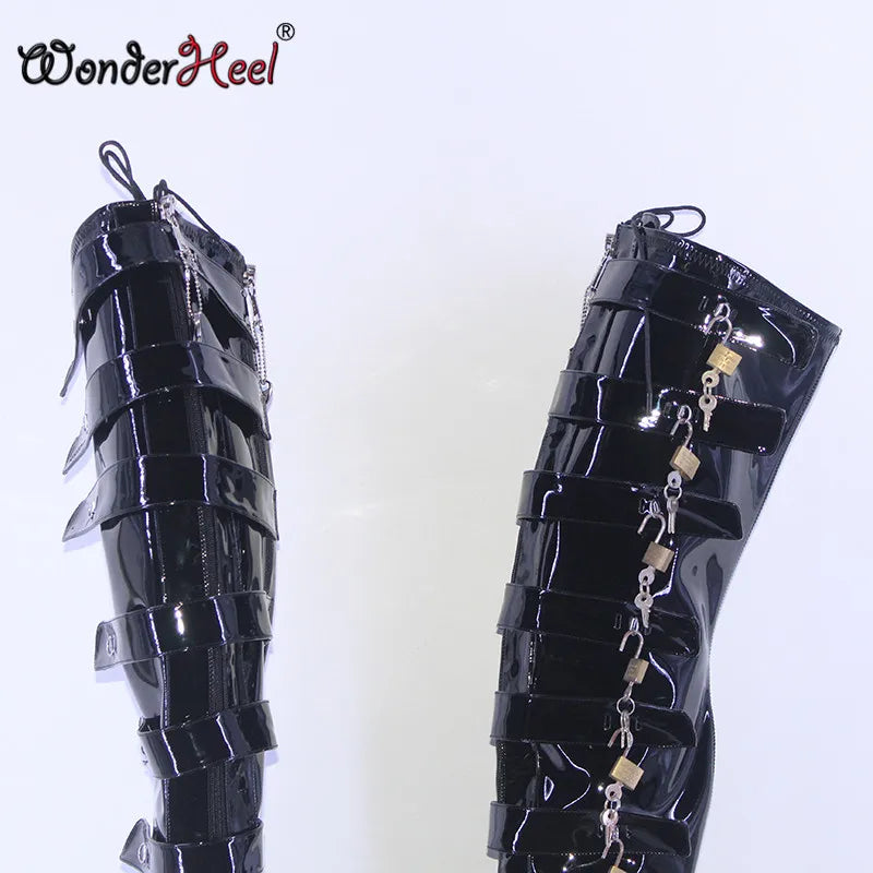 Wonderheel Extreme High Heel 26cm Stiletto Heel With Platform Lockable Zipper Buckles Lace Up Sexy Fetish Thigh High Boots