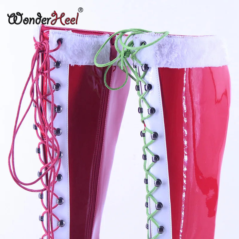 Wonderheel 12cm Stiletto heel Pointed Toe Mixed Colors Christmas High Heel Sexy Girls Nightclub Lacing Knee High Boots