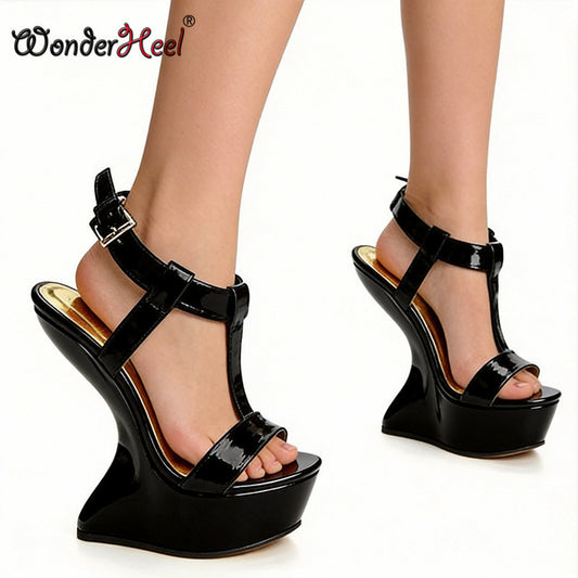 Wonderheel New 14cm Wedge heels with 4cm Summer Sandals Round Toe High Heels Buckle Straps Biggest Size US13