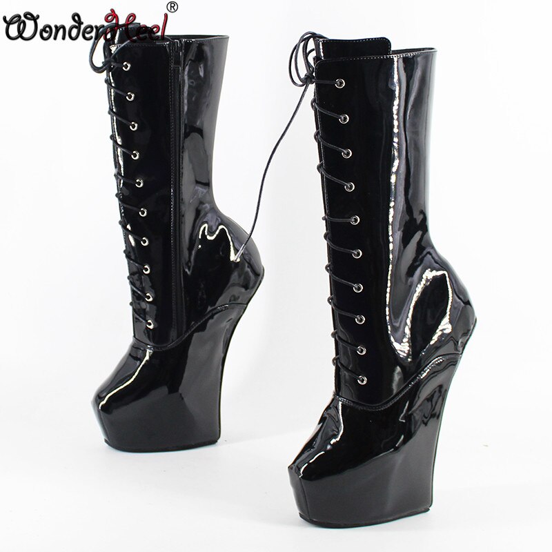 Wonderheel new 8" heel Patent leather Fetish Heelless strange style ponying heel lace up Platform mid-calf boots
