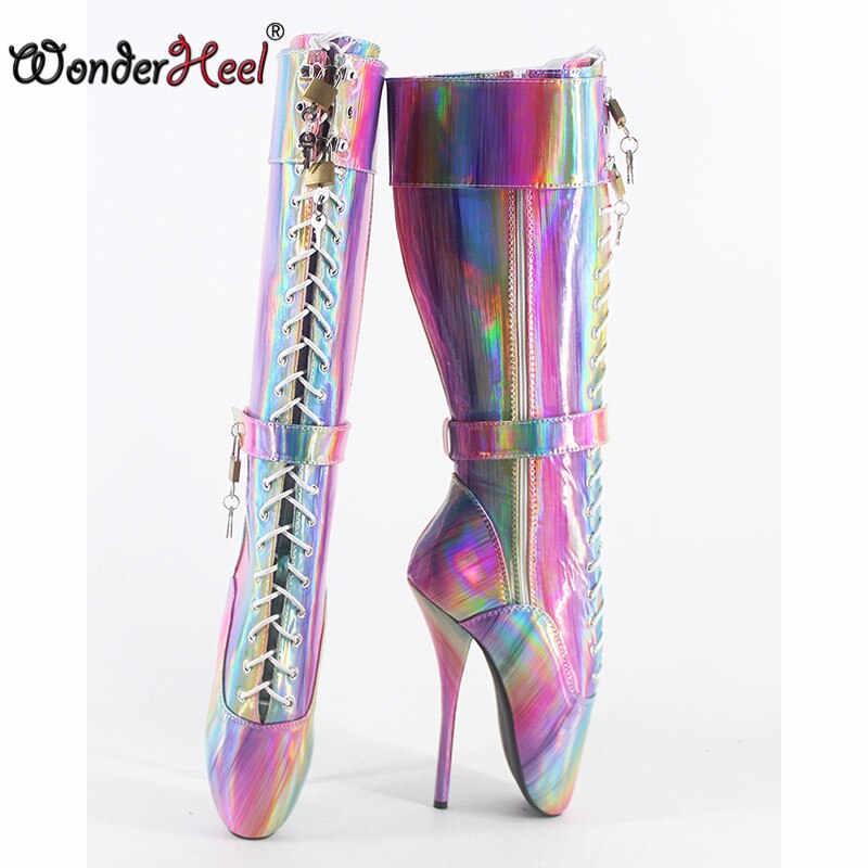 Wonderheel ultra high heel 7" stilleto heel sparkle leather locked padlocks sexy fetish clubwear women knee high ballet boots