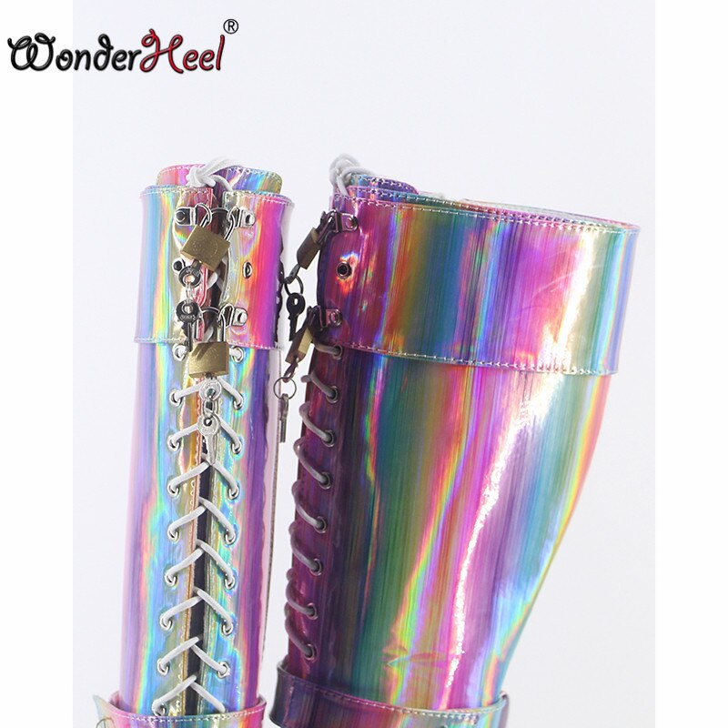 Wonderheel ultra high heel 7" stilleto heel sparkle leather locked padlocks sexy fetish clubwear women knee high ballet boots
