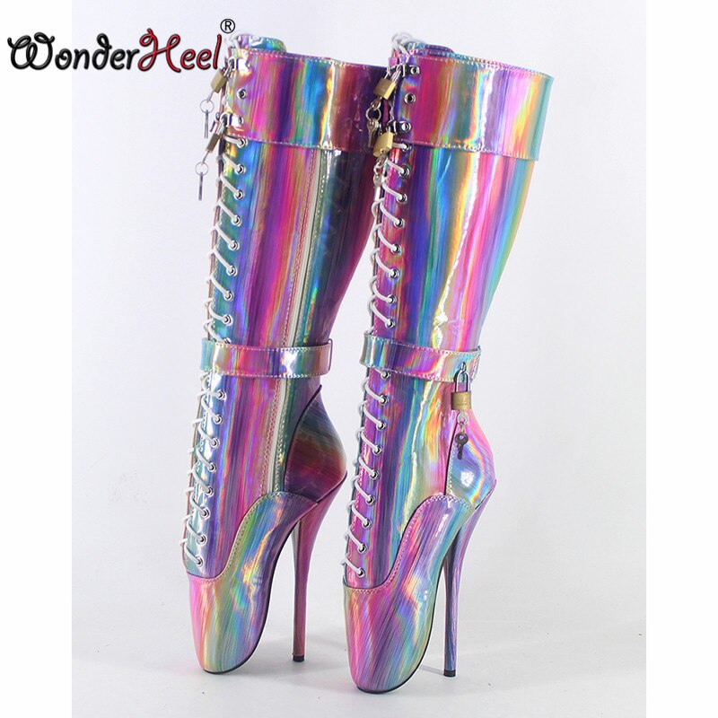 Wonderheel ultra high heel 7" stilleto heel sparkle leather locked padlocks sexy fetish clubwear women knee high ballet boots