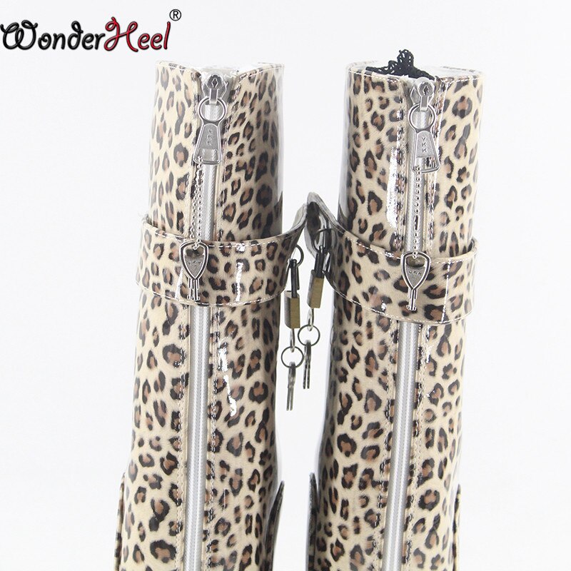 Wonderheel new ballet boots 7" wedges heel locked zipper loepard pvc sexy fetish lockable padlocks women ballet ankle boots