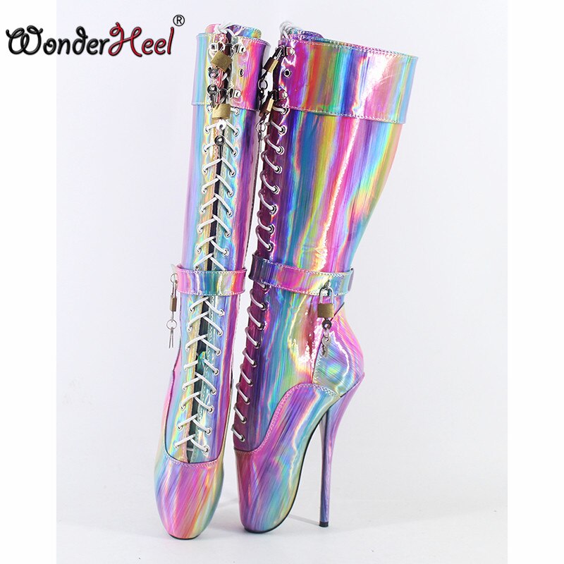 Wonderheel ultra high heel 7" stilleto heel sparkle leather locked padlocks sexy fetish clubwear women knee high ballet boots