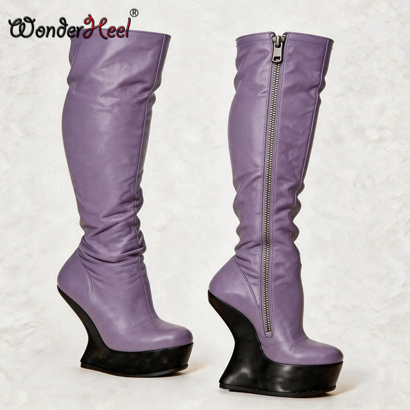Wonderheel 14cm Wedge Heels 4cm Platform Matte Leather Sexy Lady Knee High Boots Larger Size Women's Footwear
