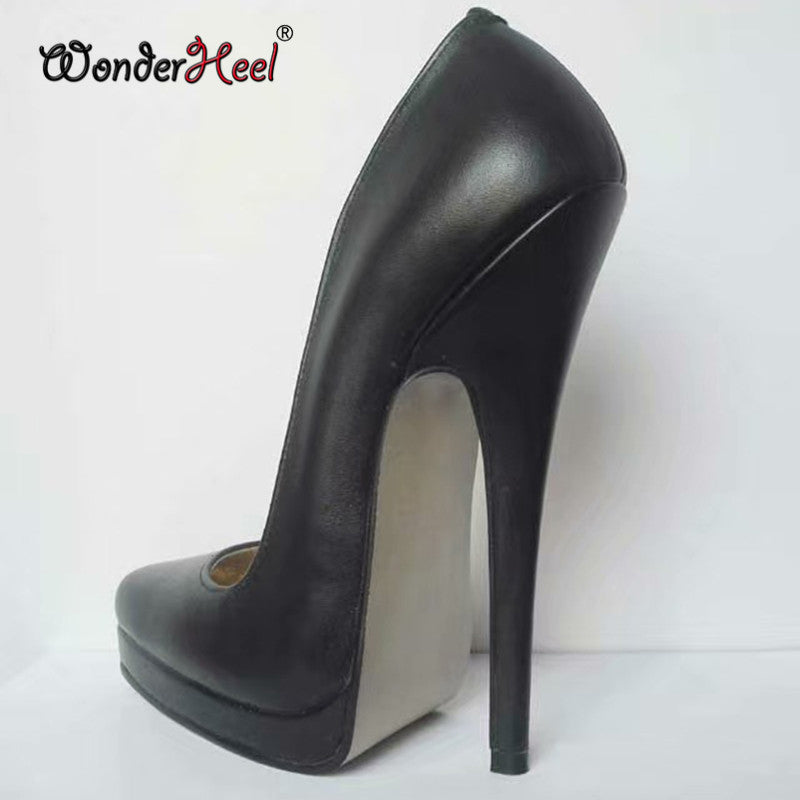Wonderheel Real Leather 16cm Stiletto Heel Sexy High Heel Slip On Platform Pointed Toe Pumps