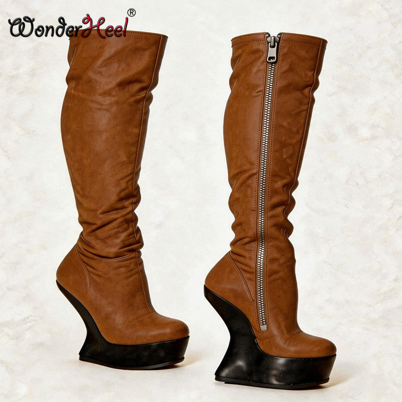 Wonderheel 14cm Wedge Heels 4cm Platform Matte Leather Sexy Lady Knee High Boots Larger Size Women's Footwear