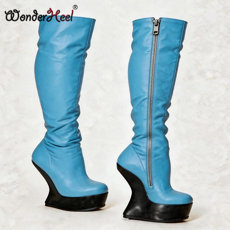 Wonderheel 14cm Wedge Heels 4cm Platform Matte Leather Sexy Lady Knee High Boots Larger Size Women's Footwear