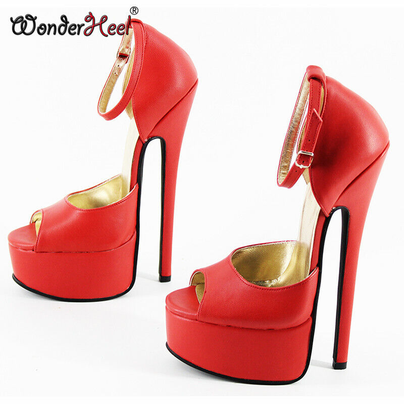 Wonderheel Real Leather High Heel 20cm Stiletto Heel Ankle Straps Peep Toe Platform Pumps