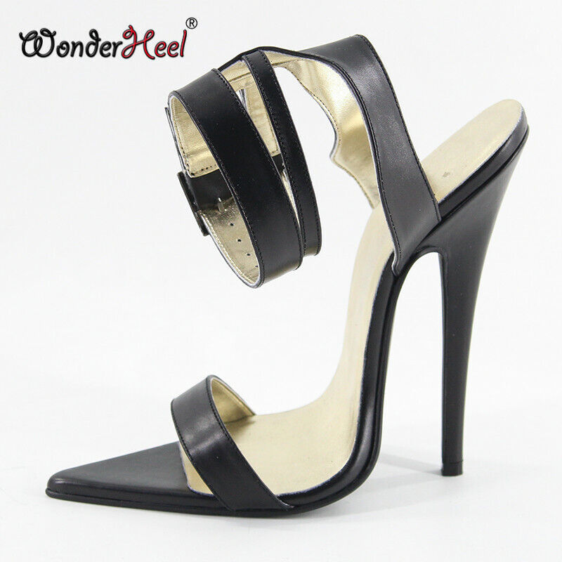 Wonderheel Real Leather 16cm Stiletto Heel Sexy High Heel Buckle Straps Pointed Toe Sandals