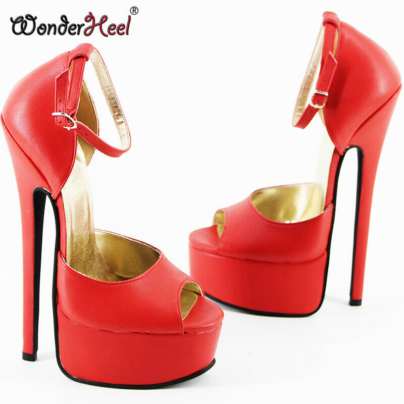 Wonderheel Real Leather High Heel 20cm Stiletto Heel Ankle Straps Peep Toe Platform Pumps