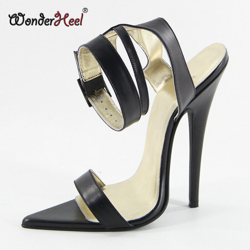 Wonderheel Real Leather 16cm Stiletto Heel Sexy High Heel Buckle Straps Pointed Toe Sandals