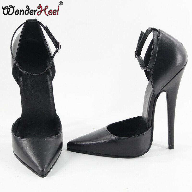 Wonderheel Real Leather High Heel 16cm Stiletto Heel Ankle Straps Pointed Toe Sexy Pumps