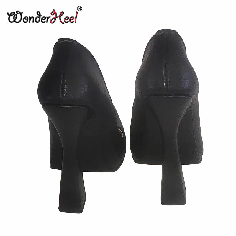 Wonderheel 16cm Chunky Heel Real Leather Square Toe Slip on Sexy Fetish High Heel Pumps Dropshipping