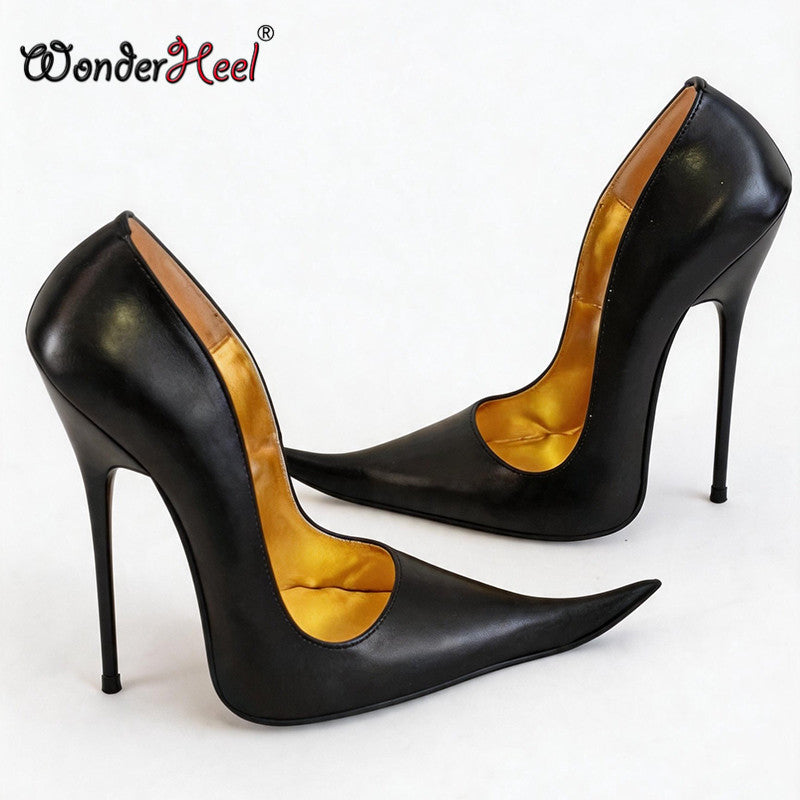 Wonderheel Real Leather 16cm Thin Heels Sexy New Sytle Extreme Pointed Toe Slip on Women High Heels Shoes