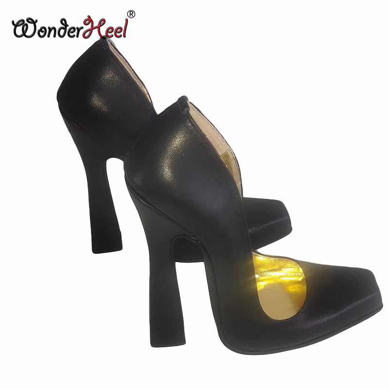 Wonderheel 16cm Chunky Heel Real Leather Square Toe Slip on Sexy Fetish High Heel Pumps Dropshipping