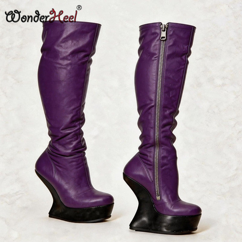 Wonderheel 14cm Wedge Heels 4cm Platform Matte Leather Sexy Lady Knee High Boots Larger Size Women's Footwear