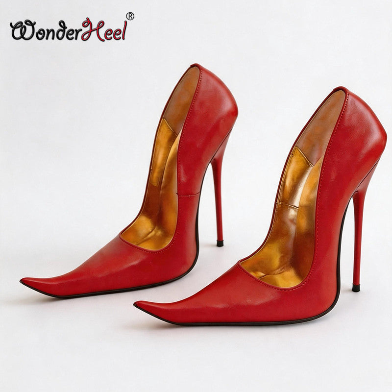 Wonderheel Real Leather 16cm Thin Heels Sexy New Sytle Extreme Pointed Toe Slip on Women High Heels Shoes