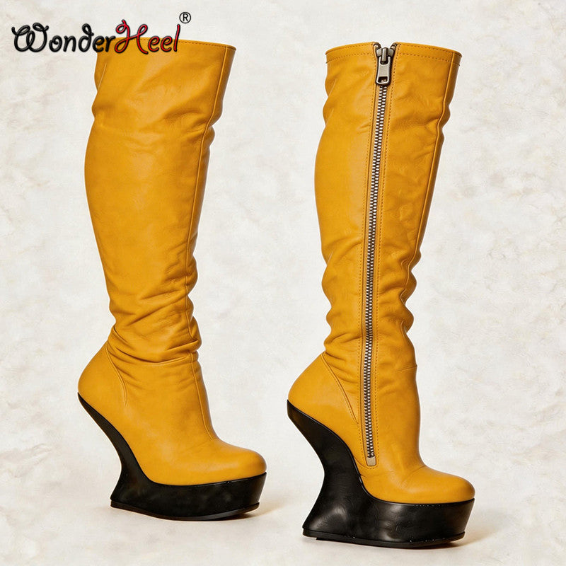 Wonderheel 14cm Wedge Heels 4cm Platform Matte Leather Sexy Lady Knee High Boots Larger Size Women's Footwear