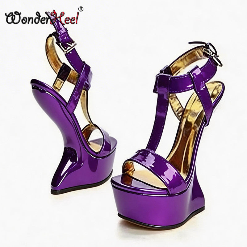 Wonderheel New 14cm Wedge heels with 4cm Summer Sandals Round Toe High Heels Buckle Straps Biggest Size US13