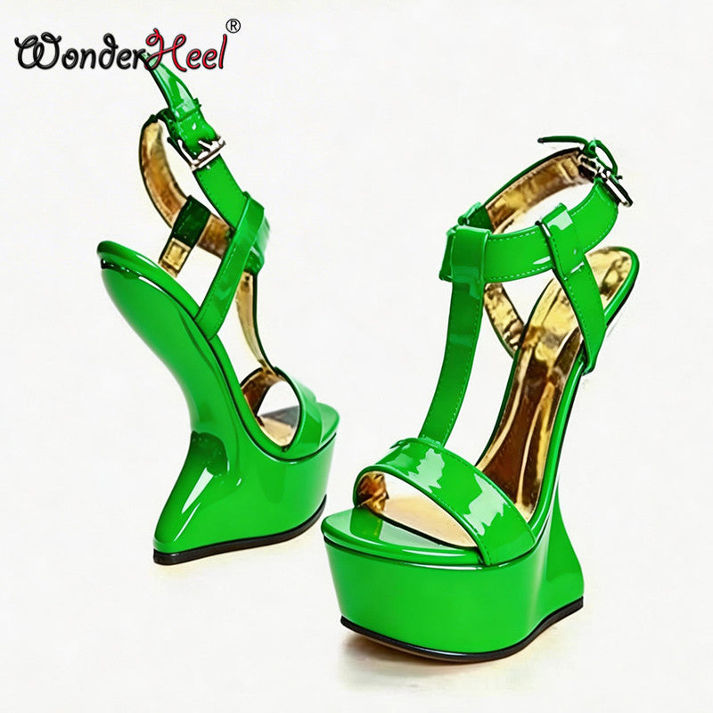 Wonderheel New 14cm Wedge heels with 4cm Summer Sandals Round Toe High Heels Buckle Straps Biggest Size US13