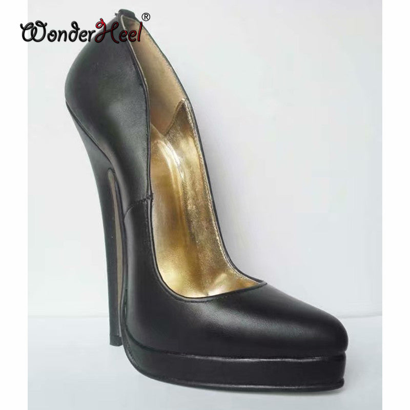 Wonderheel Real Leather 16cm Stiletto Heel Sexy High Heel Slip On Platform Pointed Toe Pumps
