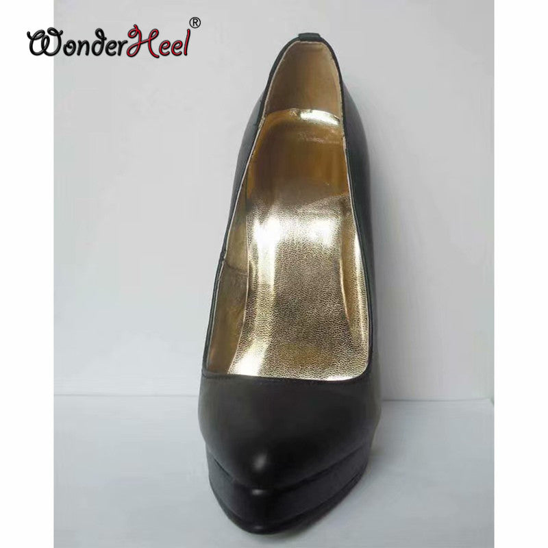 Wonderheel Real Leather 16cm Stiletto Heel Sexy High Heel Slip On Platform Pointed Toe Pumps