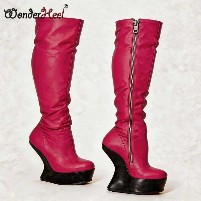 Wonderheel 14cm Wedge Heels 4cm Platform Matte Leather Sexy Lady Knee High Boots Larger Size Women's Footwear