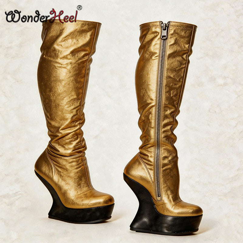 Wonderheel 14cm Wedge Heels 4cm Platform Matte Leather Sexy Lady Knee High Boots Larger Size Women's Footwear