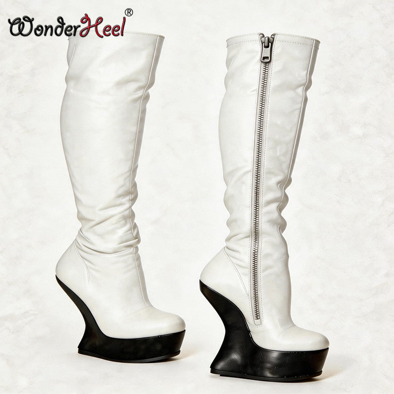 Wonderheel 14cm Wedge Heels 4cm Platform Matte Leather Sexy Lady Knee High Boots Larger Size Women's Footwear