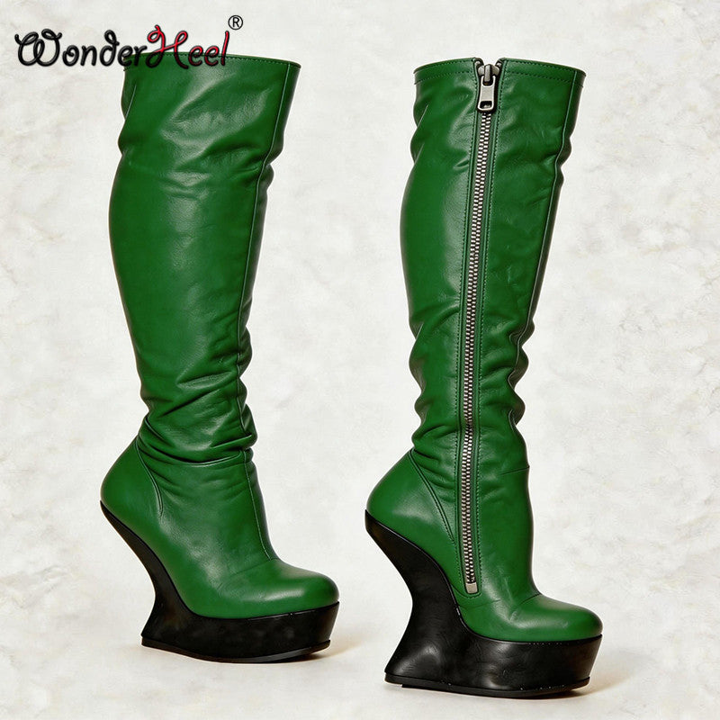 Wonderheel 14cm Wedge Heels 4cm Platform Matte Leather Sexy Lady Knee High Boots Larger Size Women's Footwear