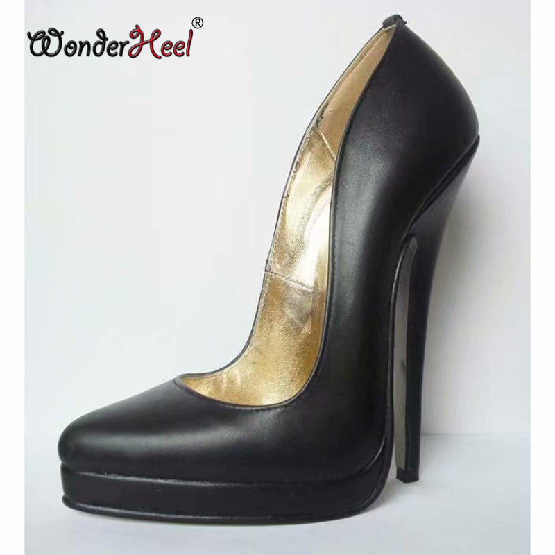 Wonderheel Real Leather 16cm Stiletto Heel Sexy High Heel Slip On Platform Pointed Toe Pumps