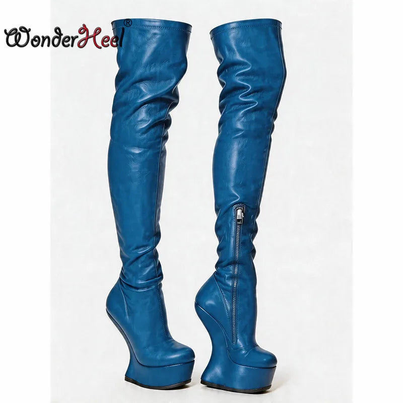 Wonderheel 14cm Wedge Heels 4cm Platform Matte Leather Half Zipper Sexy Lady Thigh High Boots Larger Size Women's Footwear
