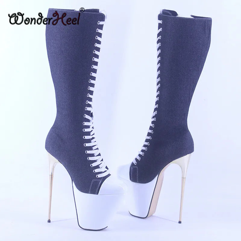 Wonderheel 19cm Thin Metal Heel Knee High Boots with 7cm Platform Pointed Toe Denim Sexy Nightclub Footwear