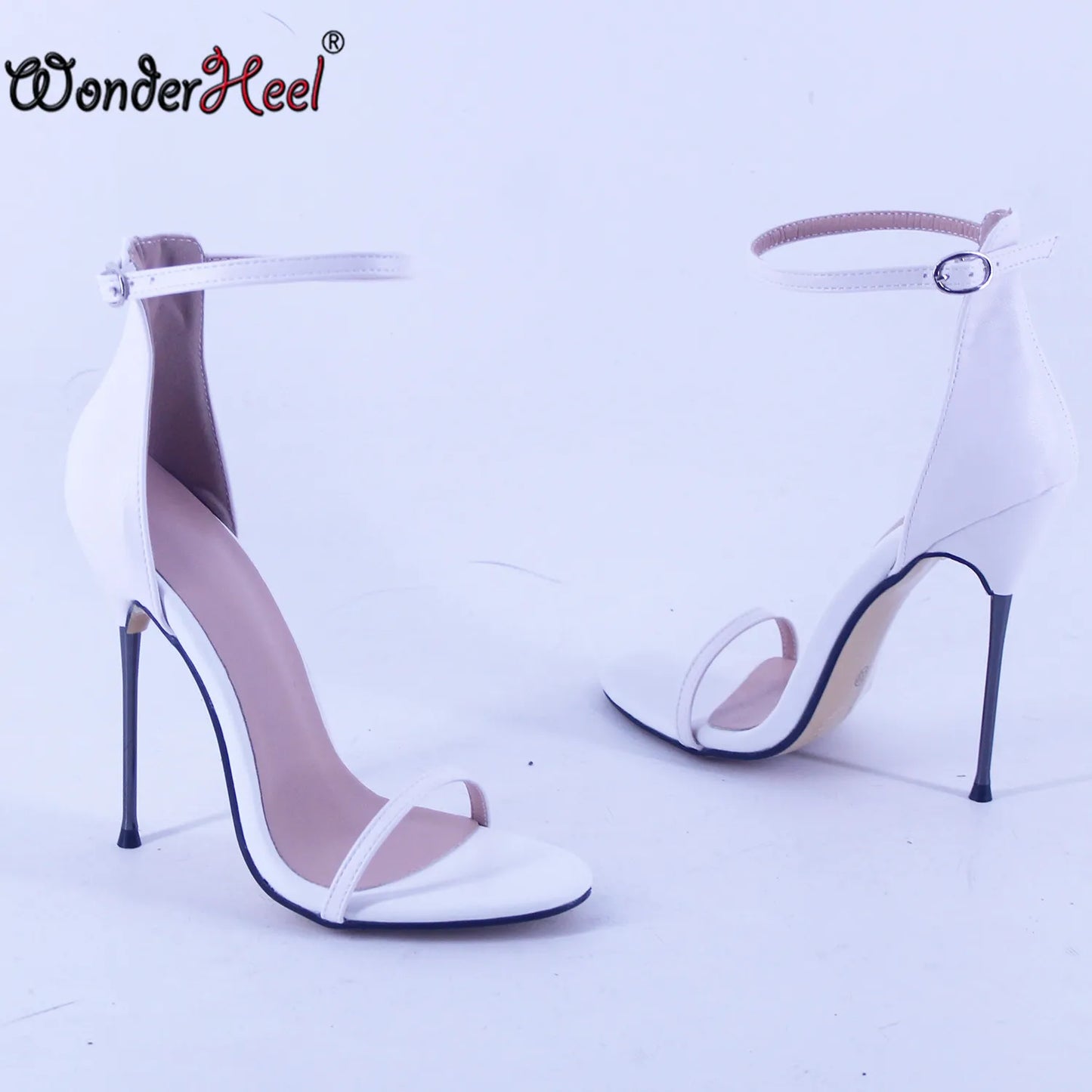 Wonderheel 13cm Ultra Thin Metal Heel Sandals Round Toe High Heels Ankle Straps Biggest Size US13 Summer