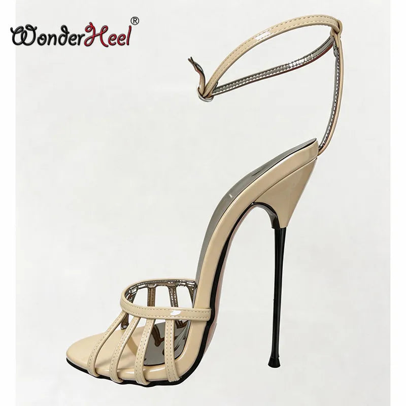 Wonderheel Ultra Thin Stiletto Heel Sandals 16cm Round Toe Ankle Straps High Heels for Women Summer Nightclub Slim Fit