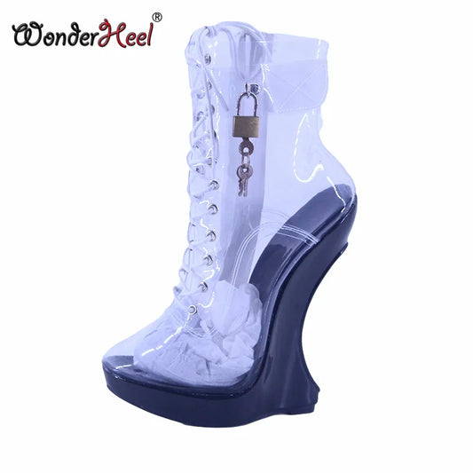 Wonderheel New Extreme High Heel 18cm with 3cm Platform Transparent Ankle boots Padlocks Nightclub Super Girl Sexy Wedges Boots