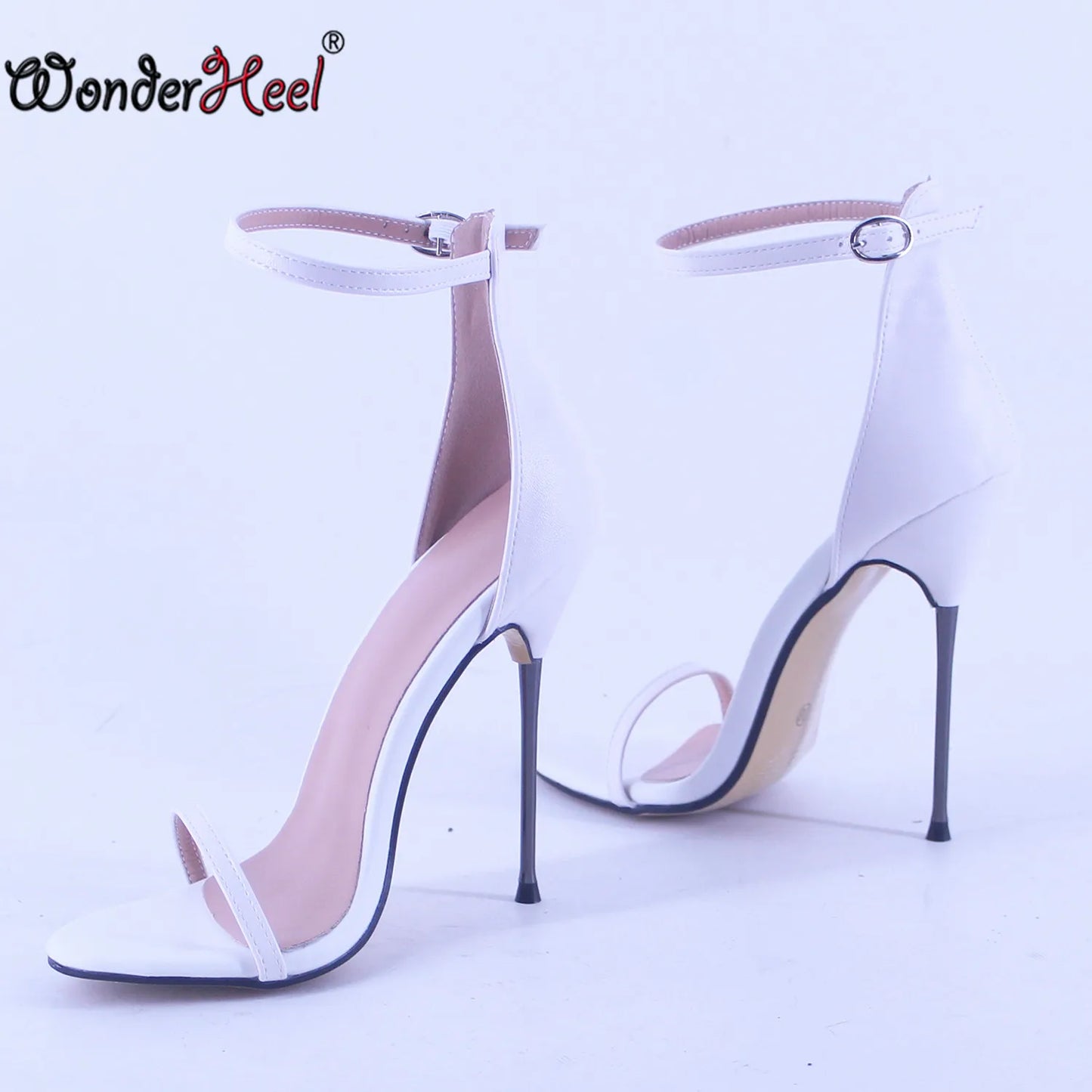 Wonderheel 13cm Ultra Thin Metal Heel Sandals Round Toe High Heels Ankle Straps Biggest Size US13 Summer
