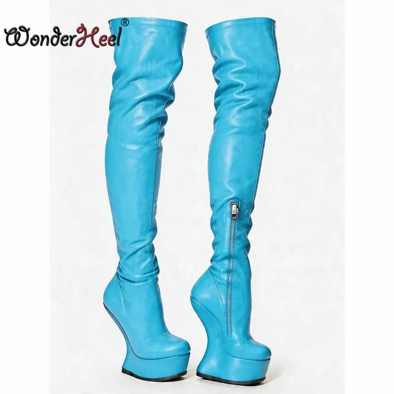 Wonderheel 14cm Wedge Heels 4cm Platform Matte Leather Half Zipper Sexy Lady Thigh High Boots Larger Size Women's Footwear