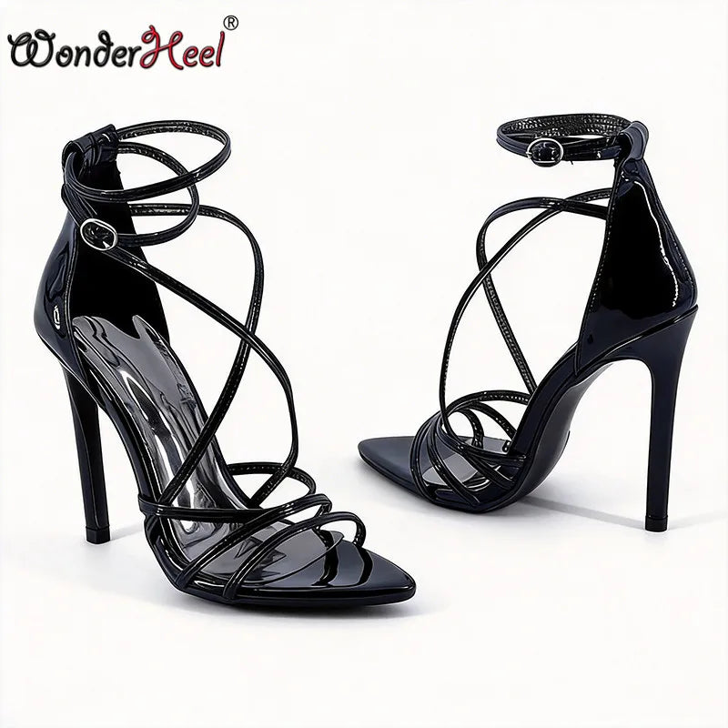 Wonderheel summer 13cm Stiletto heels Patent Leather Sexy High Heels Ankle Straps Fashion Women Sandals Big size EU46