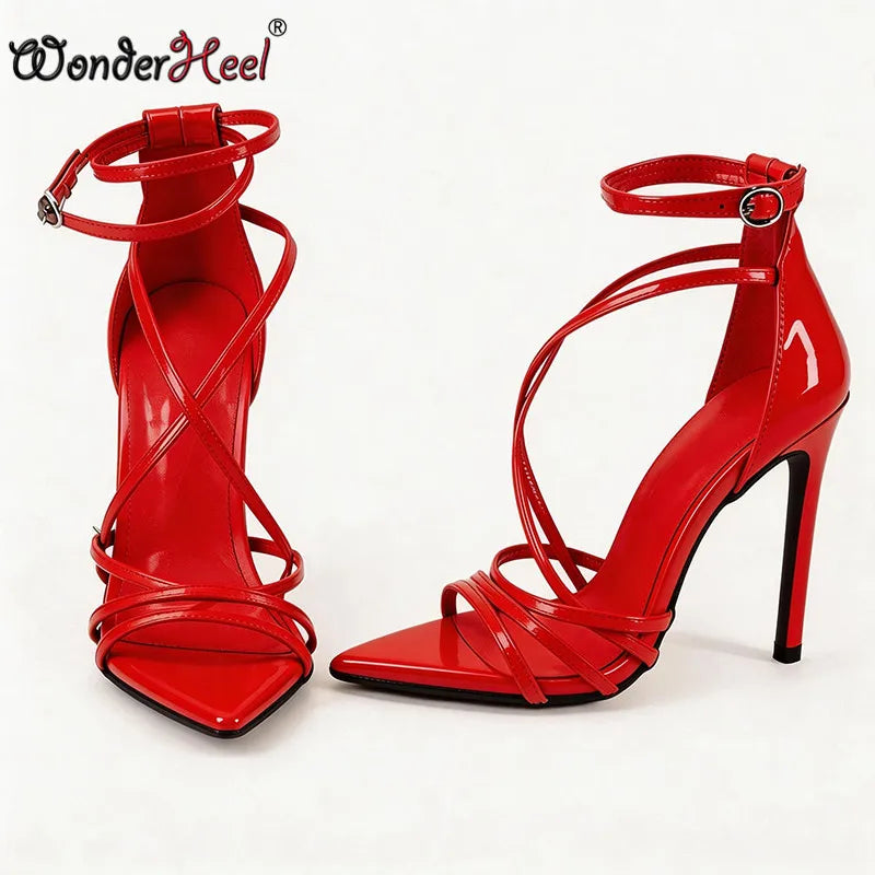 Wonderheel summer 13cm Stiletto heels Patent Leather Sexy High Heels Ankle Straps Fashion Women Sandals Big size EU46