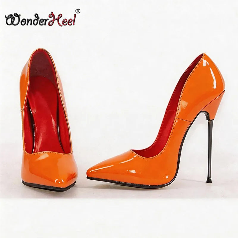 Wonderheel 16cm Ultra thin metal heels Patent Pointed toe Women High heels Super girls Nightclub Slip on Sexy Shoes Big Size