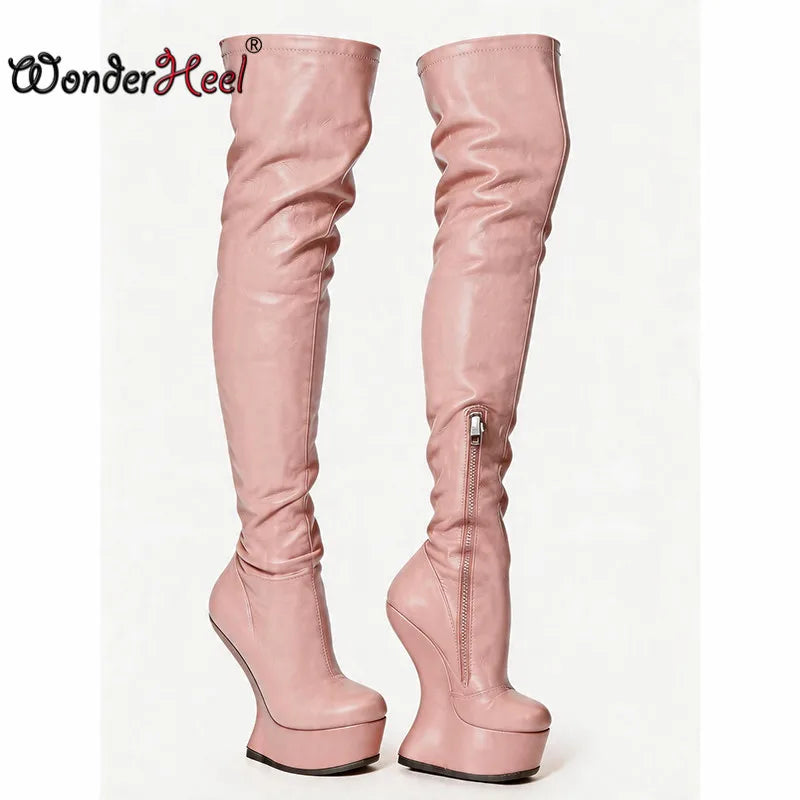 Wonderheel 14cm Wedge Heels 4cm Platform Matte Leather Half Zipper Sexy Lady Thigh High Boots Larger Size Women's Footwear