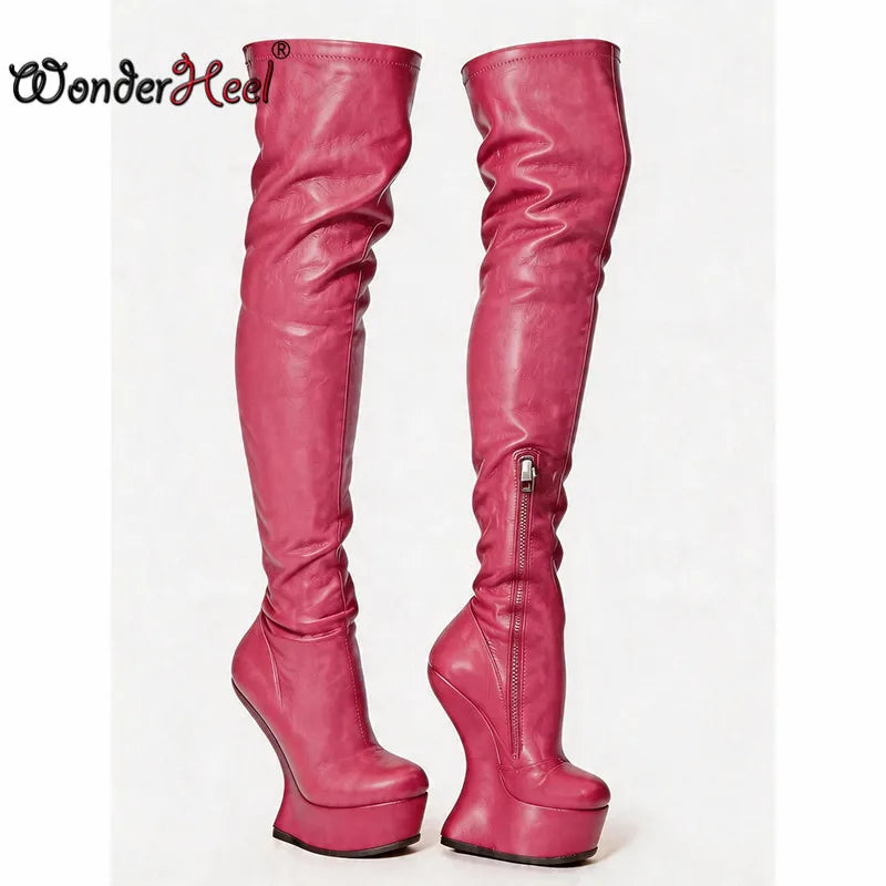 Wonderheel 14cm Wedge Heels 4cm Platform Matte Leather Half Zipper Sexy Lady Thigh High Boots Larger Size Women's Footwear