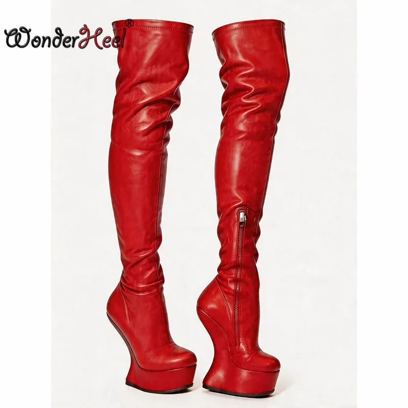 Wonderheel 14cm Wedge Heels 4cm Platform Matte Leather Half Zipper Sexy Lady Thigh High Boots Larger Size Women's Footwear